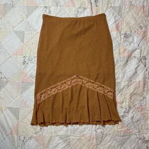 kiwi vintage y2k fairy tan brown skirt with lace trim with lettuce hem large